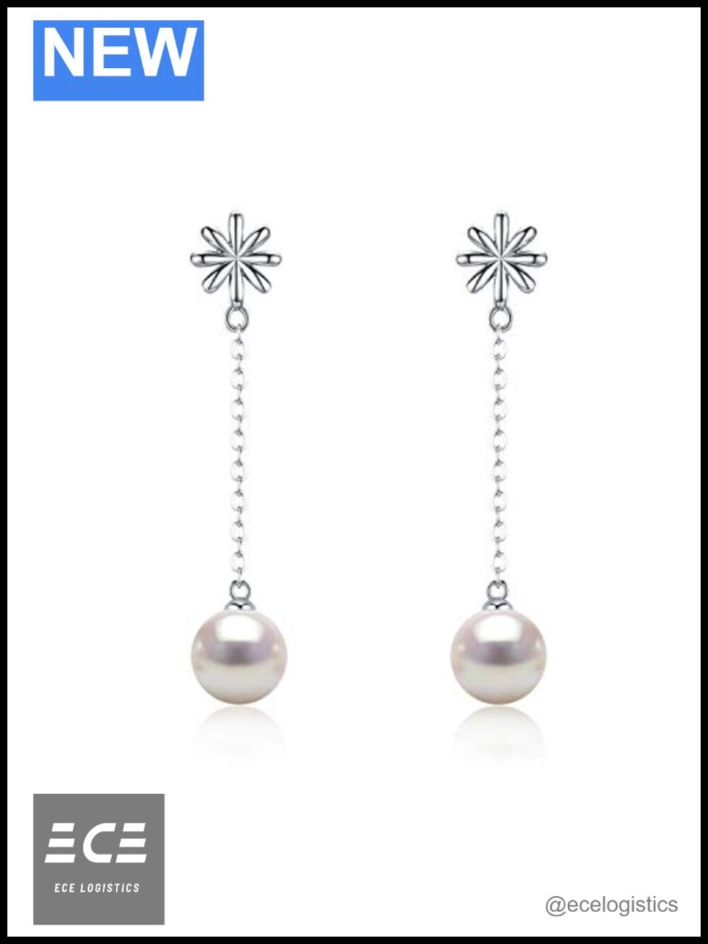 Sleek Minimalistic Flower White Pearl Dangle Earrings Gold Plated Sterling